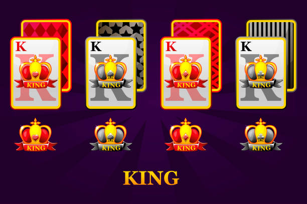 ilustraciones, imágenes clip art, dibujos animados e iconos de stock de juego de cuatro reyes jugando a las cartas de juegos para poker y casino. conjunto de corazones, picas, palos y diamantes rey. - small group of objects flash