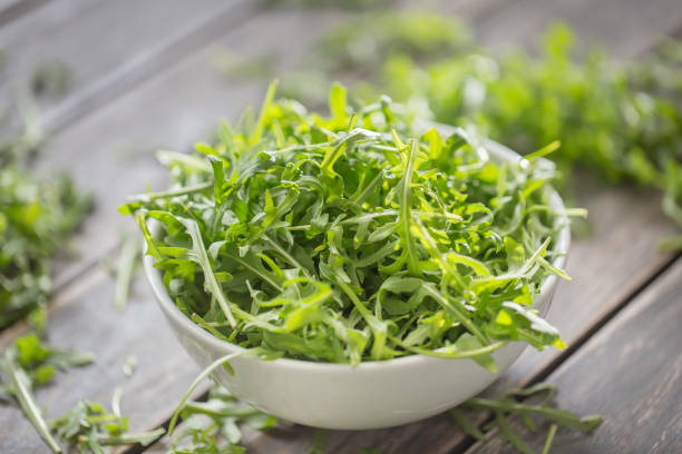 istock Fresh arugula salad in white dish on wooden table 1146896213