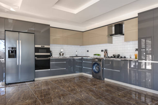 istock Luxury modern white, beige and grey kitchen interior 1146898715