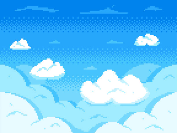Pixel art sky. Clouds 8-bit skyline, retro video game cloud landscape and cloudy vector background Pixel art sky. Clouds 8-bit skyline, retro video game cloud landscape and cloudy. Aerial pixel skyline, games sky animation scene or pixilated clouds vector background pixel sky background stock illustrations