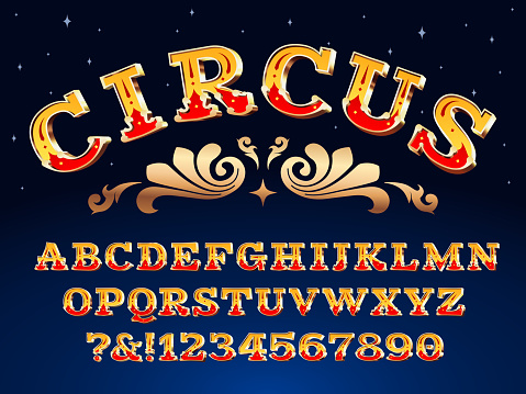 Vintage circus font. Victorian carnival headline signage. Typeface steampunk alphabet sign, antique circus poster font or carnival abc letters and numbers symbols vector illustration
