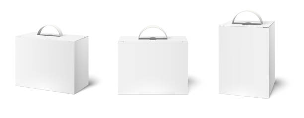 Box case with handle. Package boxes mockup, blank white packaging handles and cardboard product packing. Cosmetic products advertising bag. Realistic 3d vector illustration isolated icons set
