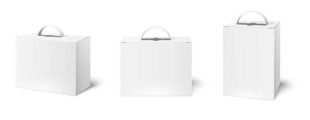 Box case with handle. Package boxes mockup, blank white packaging handles and cardboard product packing 3d vector illustration set Box case with handle. Package boxes mockup, blank white packaging handles and cardboard product packing. Cosmetic products advertising bag. Realistic 3d vector illustration isolated icons set handle stock illustrations
