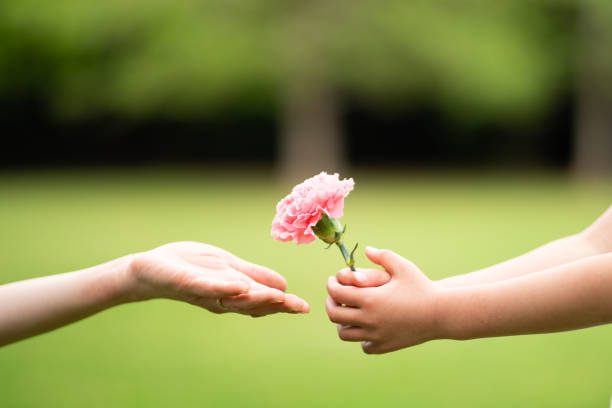istock Mother and daughter handing pink carnation 1146903764