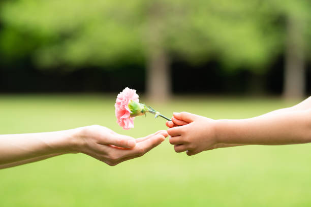 istock Mother and daughter handing pink carnation 1146903767