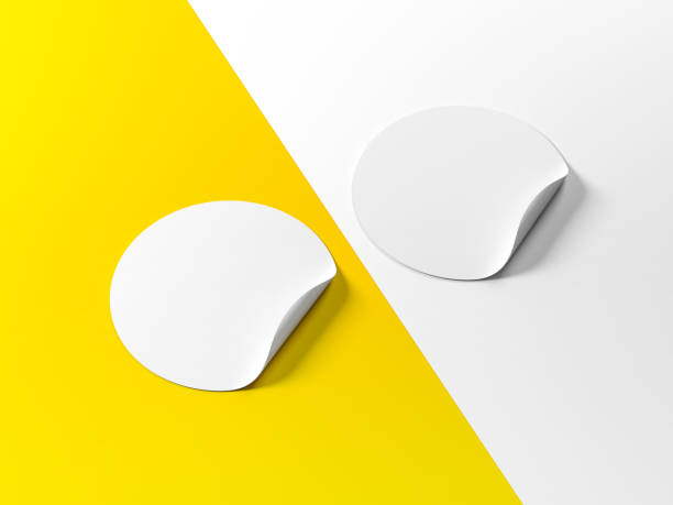 istock Two Blank white round adhesive stickers mockup on abstract background 1146906261