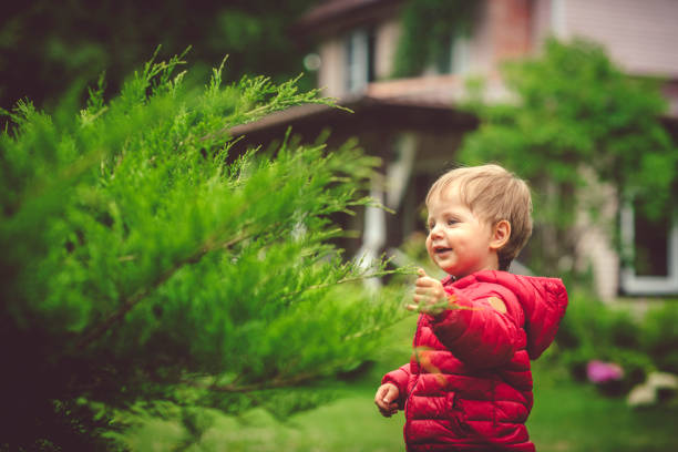 Happy child descovering nature near his house