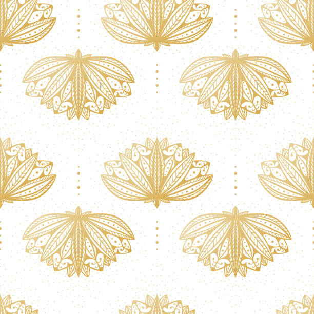 민족 동양 대마초 잎 완벽 한 패턴입니다. 장식적인 대 마 잎 실루엣 상징 황금 장식적인 꽃 패턴 벡터 배경 - lotus leaf stock illustrations