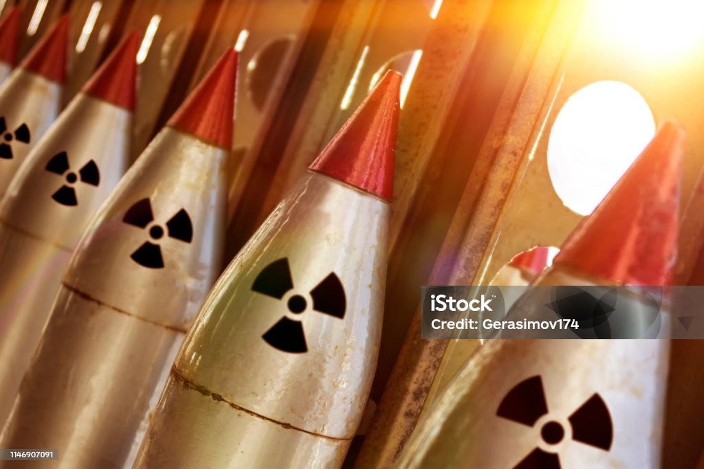 The nuclear warheads of a ballistic missile are aimed upwards for a nuclear strike. The nuclear warheads of a ballistic missile are aimed upwards for a nuclear strike. army weapons.  the threat of a weapon. Nuclear Weapon Stock Photo