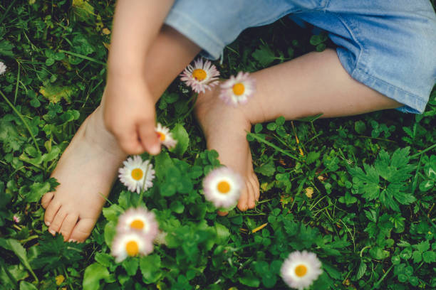 Feet of toddler among flowers