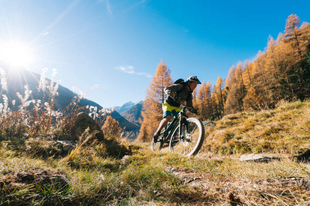 Mountain biker rides down grassy slope