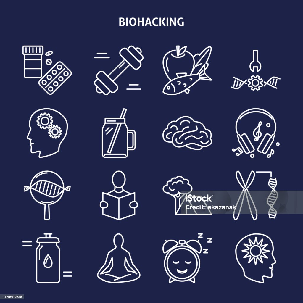 Biohacking icons set in thin line style Biohacking icons set in line style. Health improvement concept symbols. Vector illustration with editable stroke. Line Icon stock vector