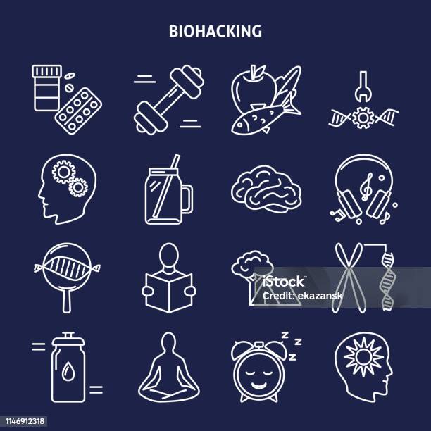 Biohacking Icons Set In Thin Line Style Stock Illustration - Download Image Now - Line Icon, Nutritional Supplement, Research