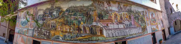 Bachkovo Monastery Panorama at Plovdiv and the Valley of the Kings in Bulgaria. Panoramic Fresco