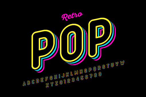 Retro pop art style font, alphabet letters and numbers, vector illustration