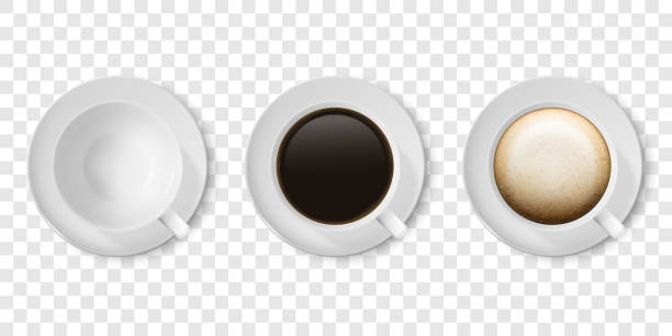 ilustrações de stock, clip art, desenhos animados e ícones de realistic vector 3d glossy blank white coffee cup or mug icon set with americano, espresso, cappuccino closeup isolated. design template of coffee mug or cup and saucer plate, mockup. top view - front view cup saucer white