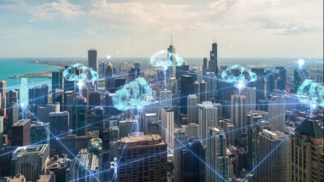 4K resolution clouds connection technology on Chicago city skyline