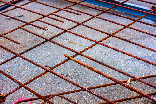 Rusty rebar prepared for concrete pouring.