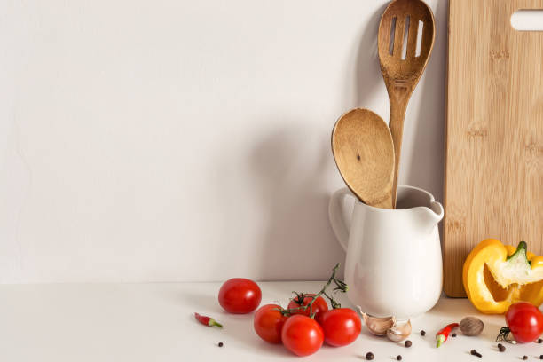istock Wooden Kitchenware, vegetables and spices on table wall background. Recipe Template mockup 1146921394