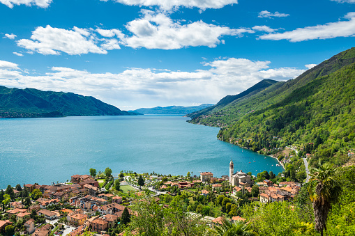 View from above the village Cannero Riviera at the Italian part of the beautiful lake Lago Maggiore to the south.