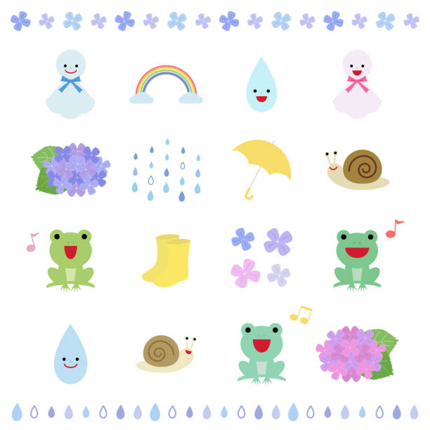 ilustraciones, imágenes clip art, dibujos animados e iconos de stock de conjunto de iconos de temporada de lluvias - rainbow umbrella descriptive color multi colored