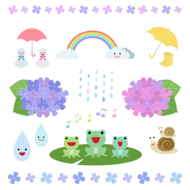 ilustraciones, imágenes clip art, dibujos animados e iconos de stock de conjunto de elementos de temporada lluviosa - rainbow umbrella descriptive color multi colored