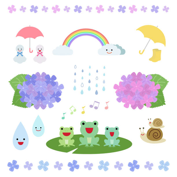 набор элементов сезона дождей - rainbow umbrella descriptive color multi colored stock illustrations