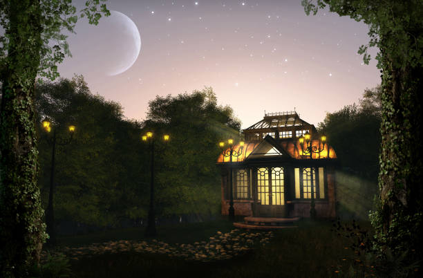 Beautiful, romantic illuminated pavilion at night in a lush park, 3d render