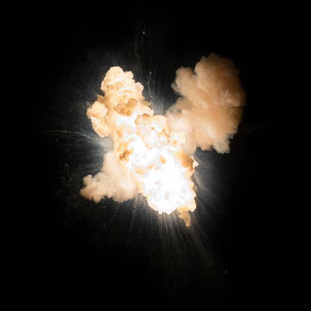 istock Realistic fiery bomb explosion with sparks and smoke isolated on black background 1146923662