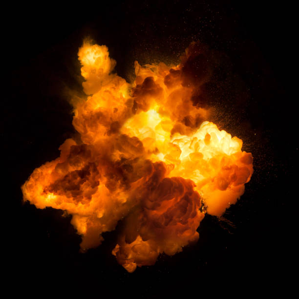 istock Realistic fiery bomb explosion with sparks and smoke isolated on black background 1146923713