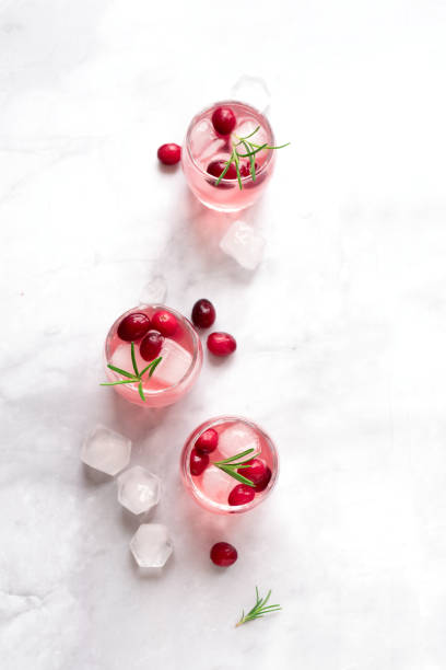 Cranberry Vodka Cocktail Cranberry Vodka Cocktail with ice cubes and rosemary on white marble background, copy space. Homemade alcohol cocktail with cranberries. vodka soda top view stock pictures, royalty-free photos & images