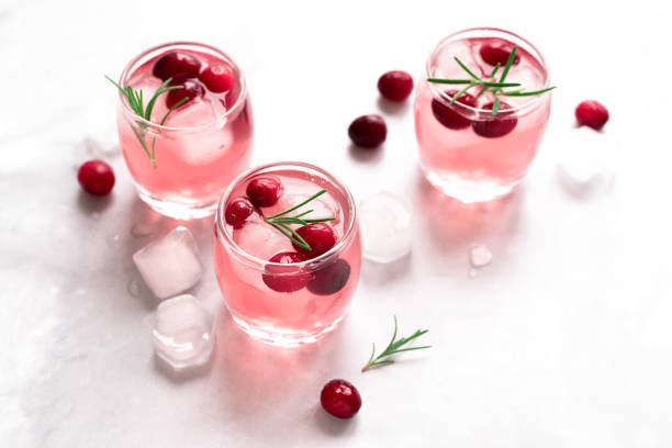 Cranberry Vodka Cocktail Cranberry Vodka Cocktail with ice cubes and rosemary on white marble background, copy space. Homemade alcohol cocktail with cranberries. vodka soda top view stock pictures, royalty-free photos & images