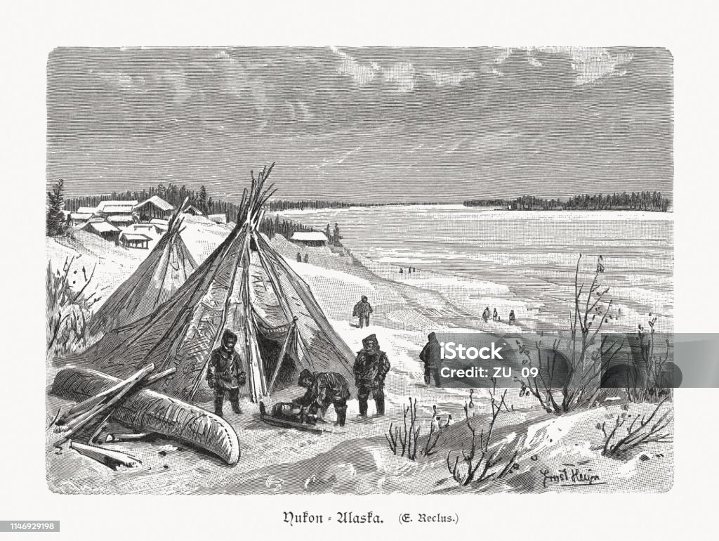 Trading station at the Yukon River in Alaska, USA, 1897 Trading station at the Yukon River in Alaska, USA. Wood engraving, published in 1897. Alaska - US State stock illustration