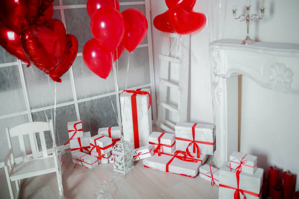 istock White Gift boxes with red stripe photo studio decor 1146935723