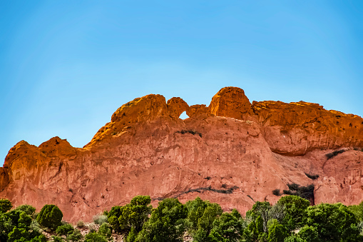 The Kissing Camels rock formation at the Garden of the Gods near Colorado Springs in the Rocky Mountains - rock seems grainy because it is eroding sandstone