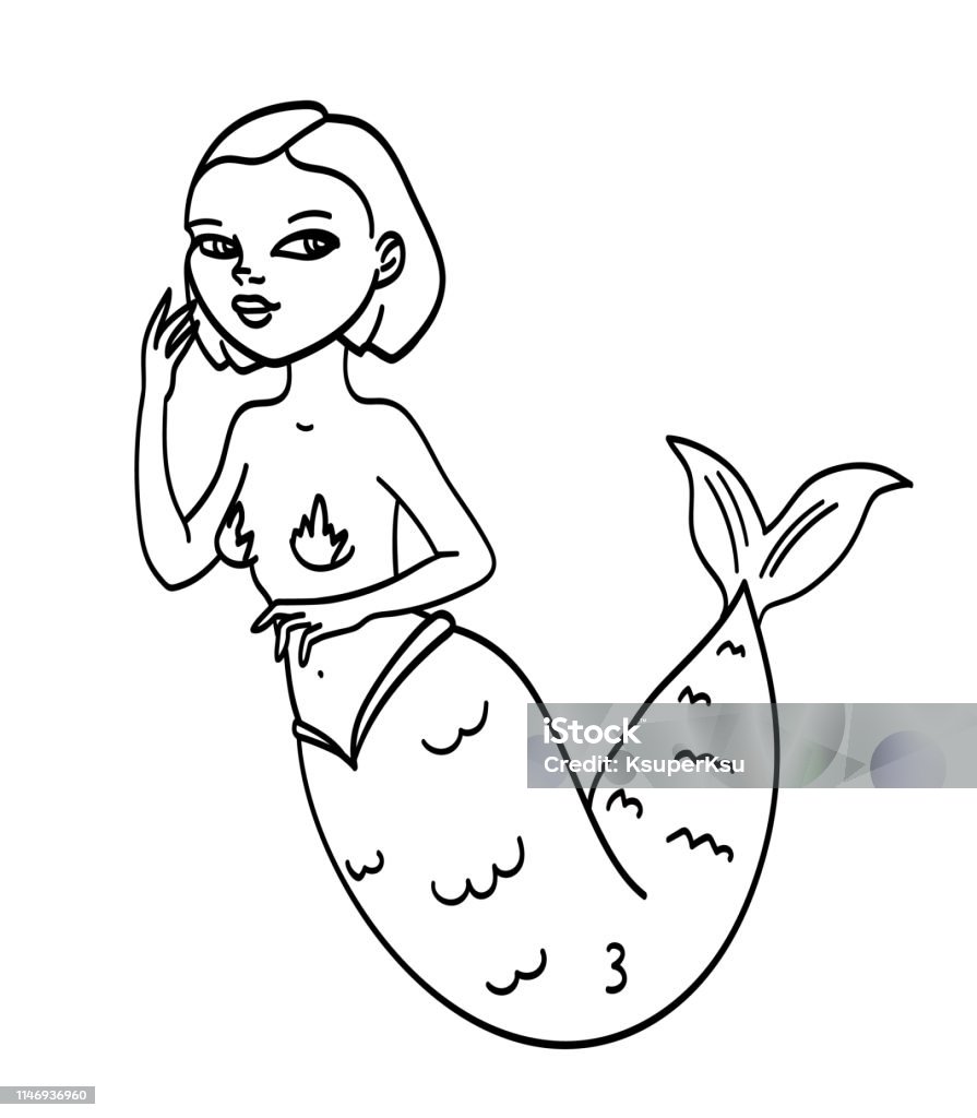 Beautiful attractive mermaid swimming,  black outline cartoon character isolated on white background. Water nymph. Girl with a fishtail. Fantastic folklore creature. Coloring book page. Adult stock vector