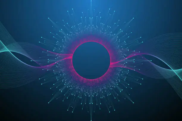 Vector illustration of Quantum computer technology concept. Sphere explosion background. Deep learning artificial intelligence. Big data algorithms visualization. Waves flow. Quantum explosion, vector illustration.