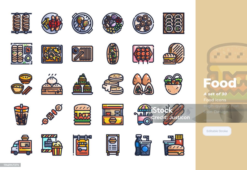 Modern Colorline icons set of Street Food. 48x48 Pixel Perfect icon. Editable Stroke. 48x48 Pixel Perfect icon. Editable Stroke. Food stock vector