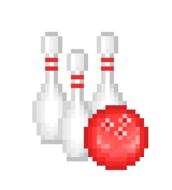 Vector illustration of Ball and three pins, old school 80s-90s style 8 bit pixel art bowling icon isolated on white background. Target sport. Funfair entertainment. Holiday activity. Weekend recreation. Amusement park game.