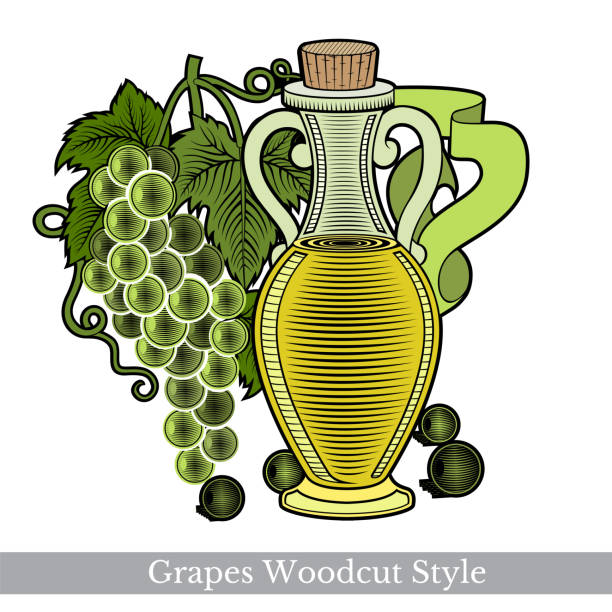 illustrazioni stock, clip art, cartoni animati e icone di tendenza di etichetta di incisione a colori per alimenti o cosmetici isolati su bianco. bottiglia di vetro di olio di semi d'uva o aceto con uva vicino - vinegar bottle herb white