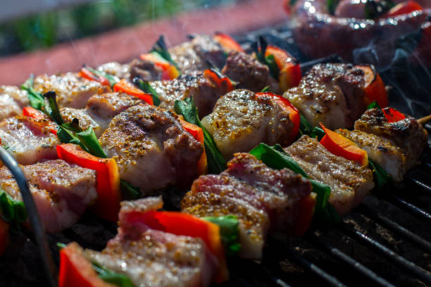 istock Chicken breast on wooden skew 1146950691