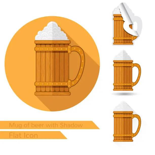 Vector illustration of mug with beer and foam flat icon on white with oval long shadow and folded corner