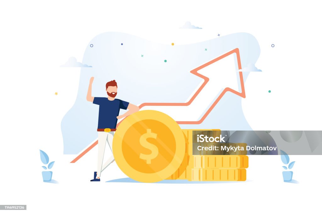 Financial consultant leaning on a stack of coins smiles friendly and waves with hand. Successful investor, entrepreneur. Financial consultant leaning on a stack of coins smiles friendly and waves with hand. Successful investor or entrepreneur. Financial consulting, investment and savings. Modern vector illustration. Support stock vector