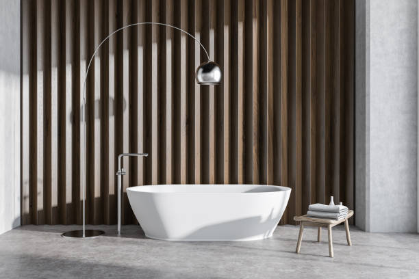istock Wooden bathroom interior with tub 1146953008