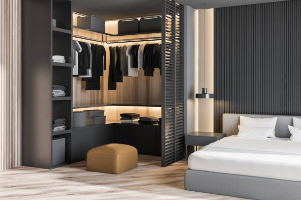 istock Gray master bedroom corner with wardrobe 1146953448