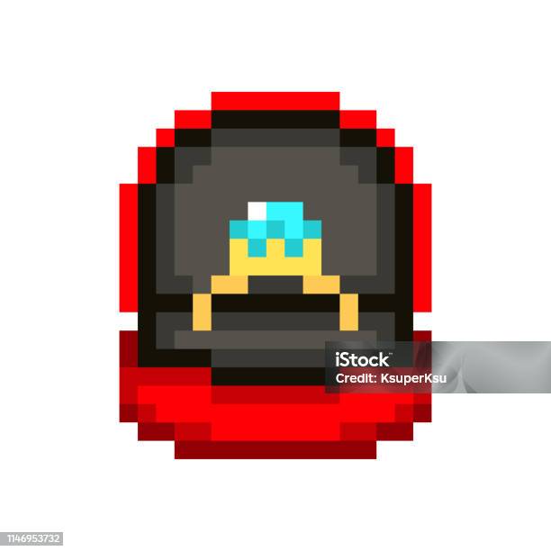 Golden Proposal Ring With Blue Diamond In A Red Box Pixel Art Icon Isolated On White Background Wedding Gift Birthday Present Valentines Day Surprise Retro Video Gameslot Machine Graphics Stock Illustration - Download Image Now