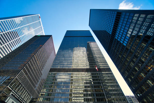 A business building seen from below in Toronto in Canada in a blue sky day