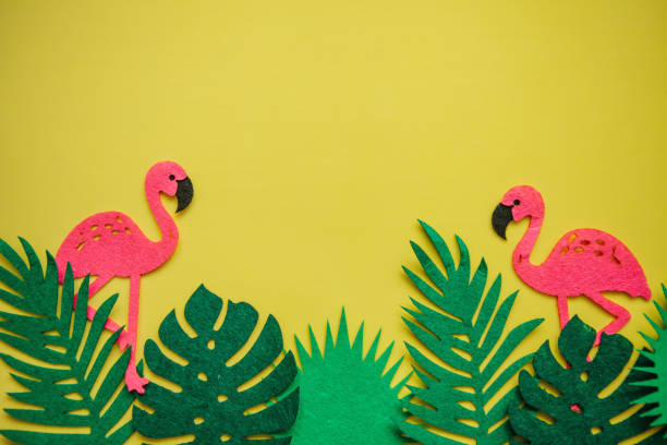 istock Flamingo and leaves on a yellow. Summer design. 1146959971