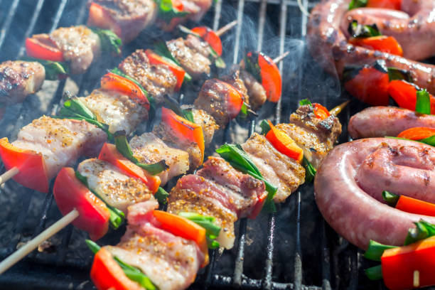 istock Chicken breast on wooden skew 1146960398