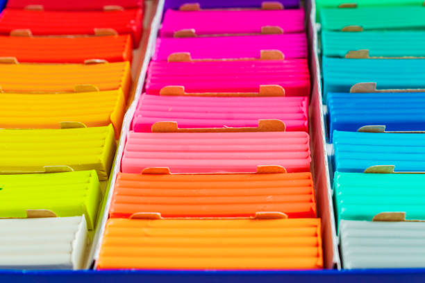 istock Rainbow colors of modeling clay. Multicolored plasticine bars ina box, background texture 1146961141
